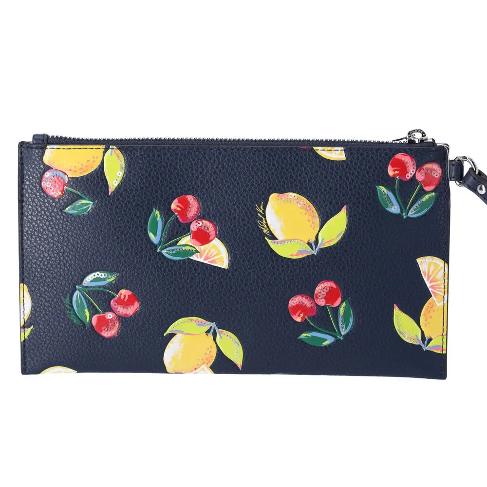 Michael Kors Jet Set Travel Large Top Zip Wristlet Clutch Navy Fruit Handbag